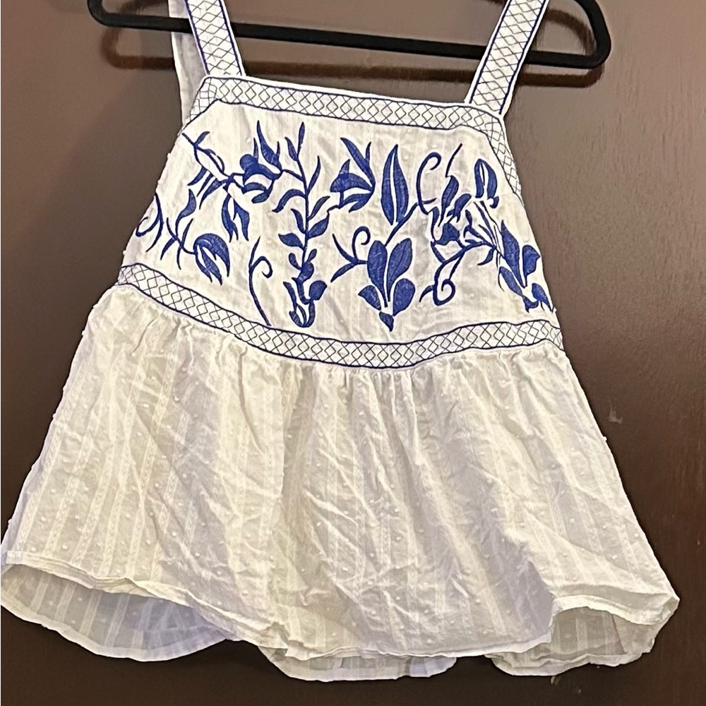 SHEIN White and Blue Embroidered Tunic Top